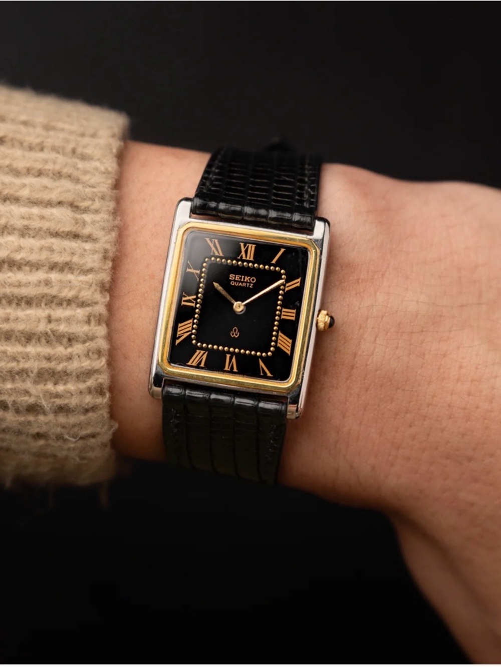 Seiko Black and Gold Rectangular Classic Wristwatch